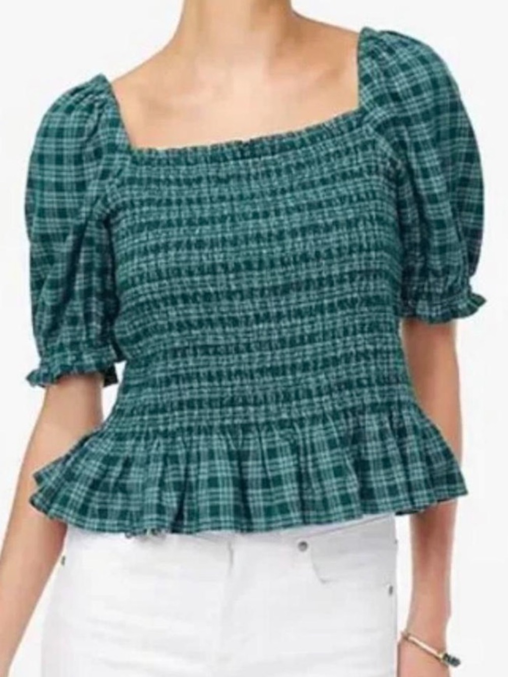 J Crew Smocked Plaid Top Puff Sleeve Green Size Large